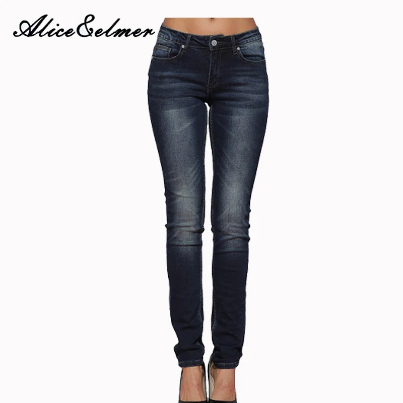 Alice& Elmer, обтягивающие женские джинсы, укороченные женские джинсы для девочек, Стрейчевые джинсы со средней талией, женские штаны - Цвет: Синий