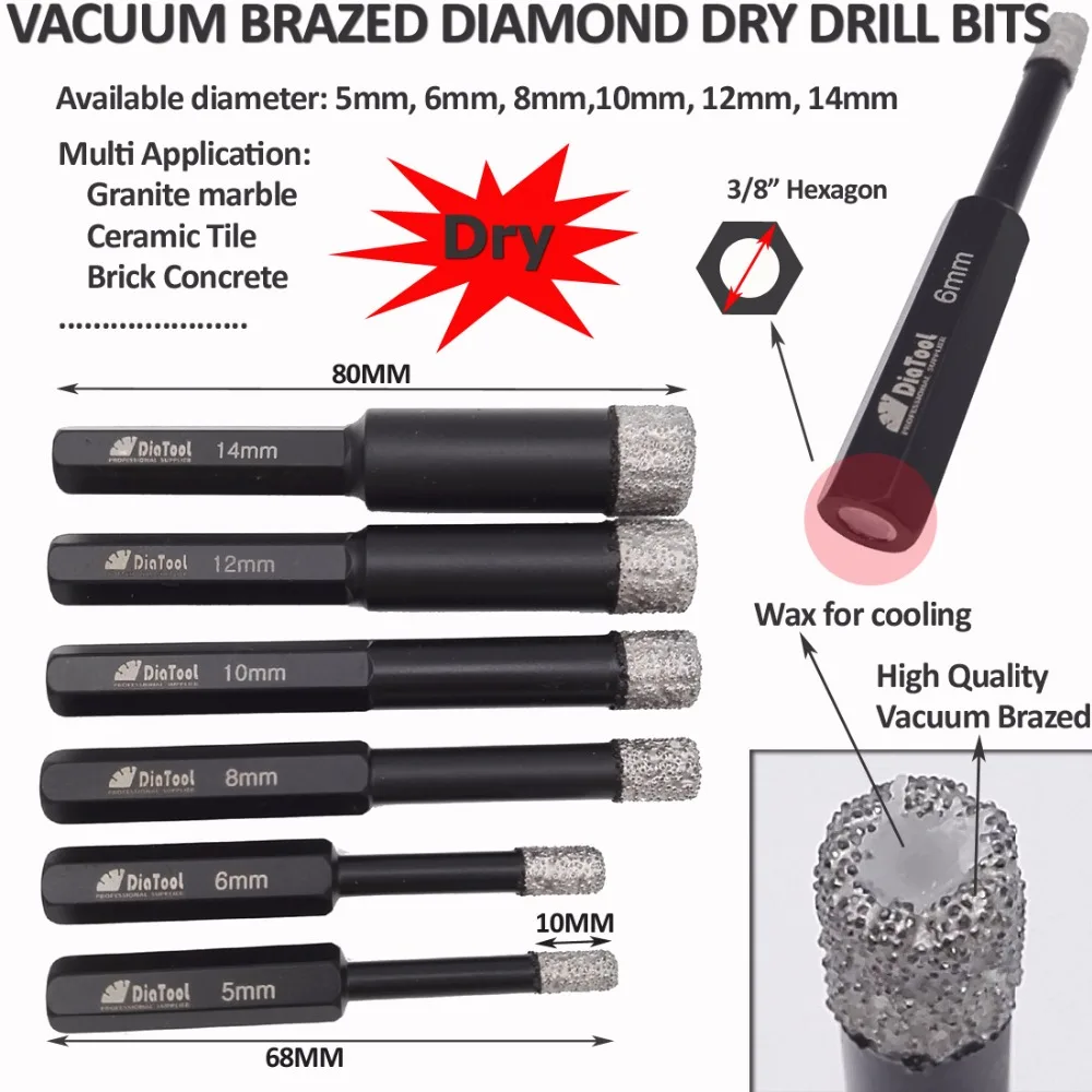 2pcs Dry drilling bits with Hex shank for granite marble ceramic tile glass Vacuum Brazed diamond drill bits