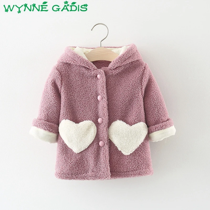 

Winter Infant Girls Loving Heart Pockets Hooded Thicken Fleece Princess Jackets Kids Baby Outerwear Coats casaco roupas de bebe
