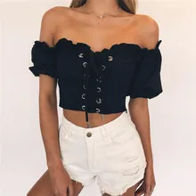 Summer Vintage Short Sleeve Ruffle Off The Shoulder Shirt Wrap Blouse Front Tie Lace Up Bandage Backless Crop Top Women T tie front cross wrap cami top