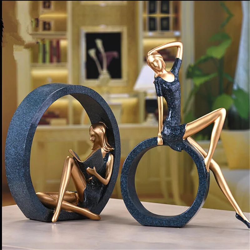 

1 set 2 pcs Resin Elegant Reading Girl Sculpture Statue Figurine Reader Ornament Home Wine Cabinet Living Room Decoration