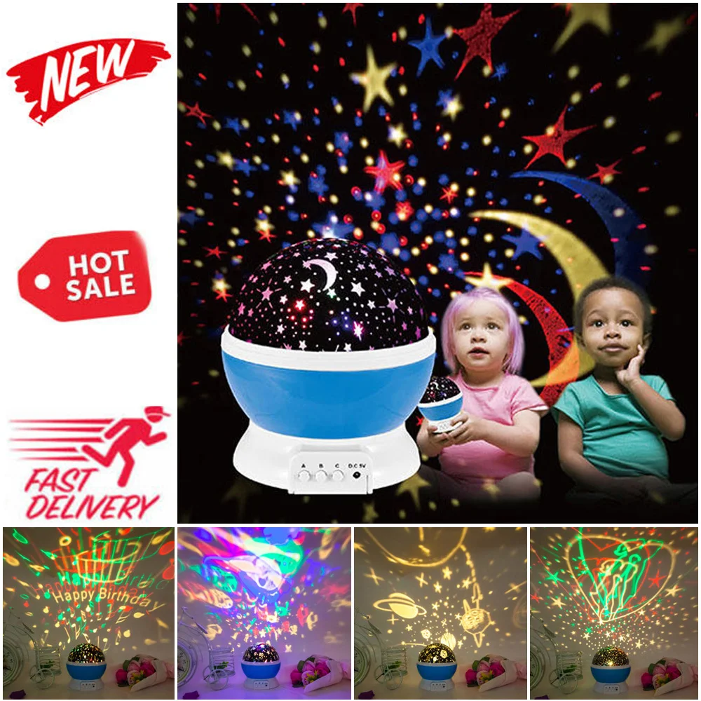 Детский ночник Звезда Луна проектор 360 ° вращающийся 4 светодиодный лампы Изменение цвета с usb-кабелем Романтический космос детский подарок