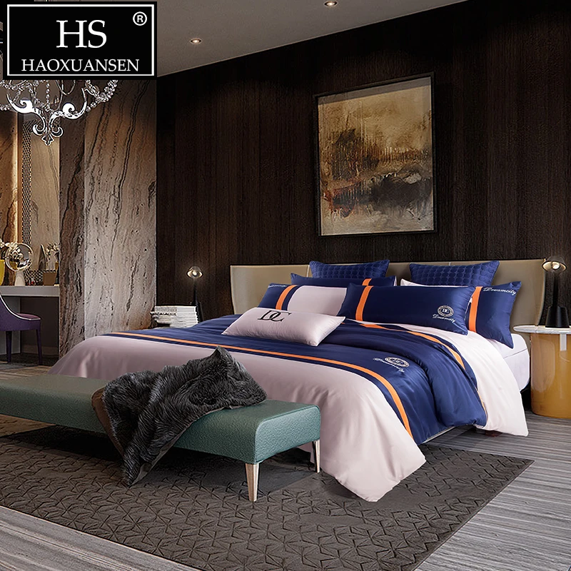 

4Pieces Bedding Sets Fashion Simple Business Style Dark Blue Pillowcase Quilt Cover Cotton Bed linen Bed Sheet/Fitted sheet