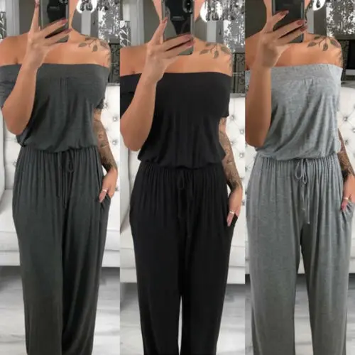 Summer Casual Loose Cool Fashion Womens Off Shoulder Short Sleeve Playsuit Ladies Solid Sexy Plain Soft Gray Long Jumpsuit Summer Casual Loose Cool Fashion Womens Off Shoulder Short Sleeve Playsuit Ladies Solid Sexy Plain Soft Gray Long Jumpsuit