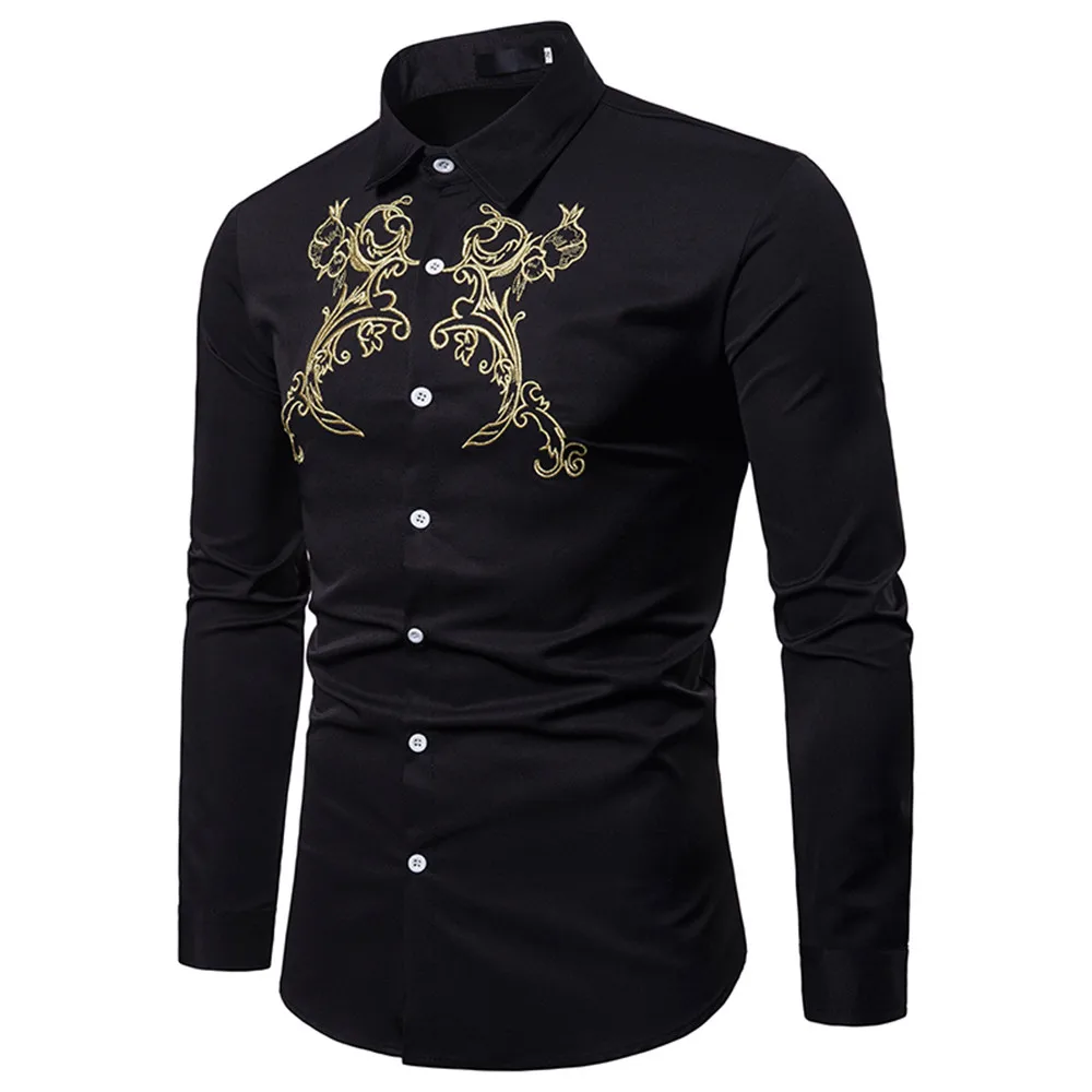 New Long Sleeve Men's Autumn Winter Luxury Casual Gold Embroidery Long Sleeve Shirt Top Blouse