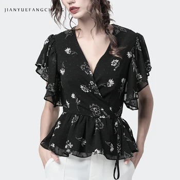 

Women' Summer Floral Chiffon Blouse Lace-Up Cardigan Peplum Tops Butterfly Sleeve V-Neck Perspective Plus Size Casual Blouses