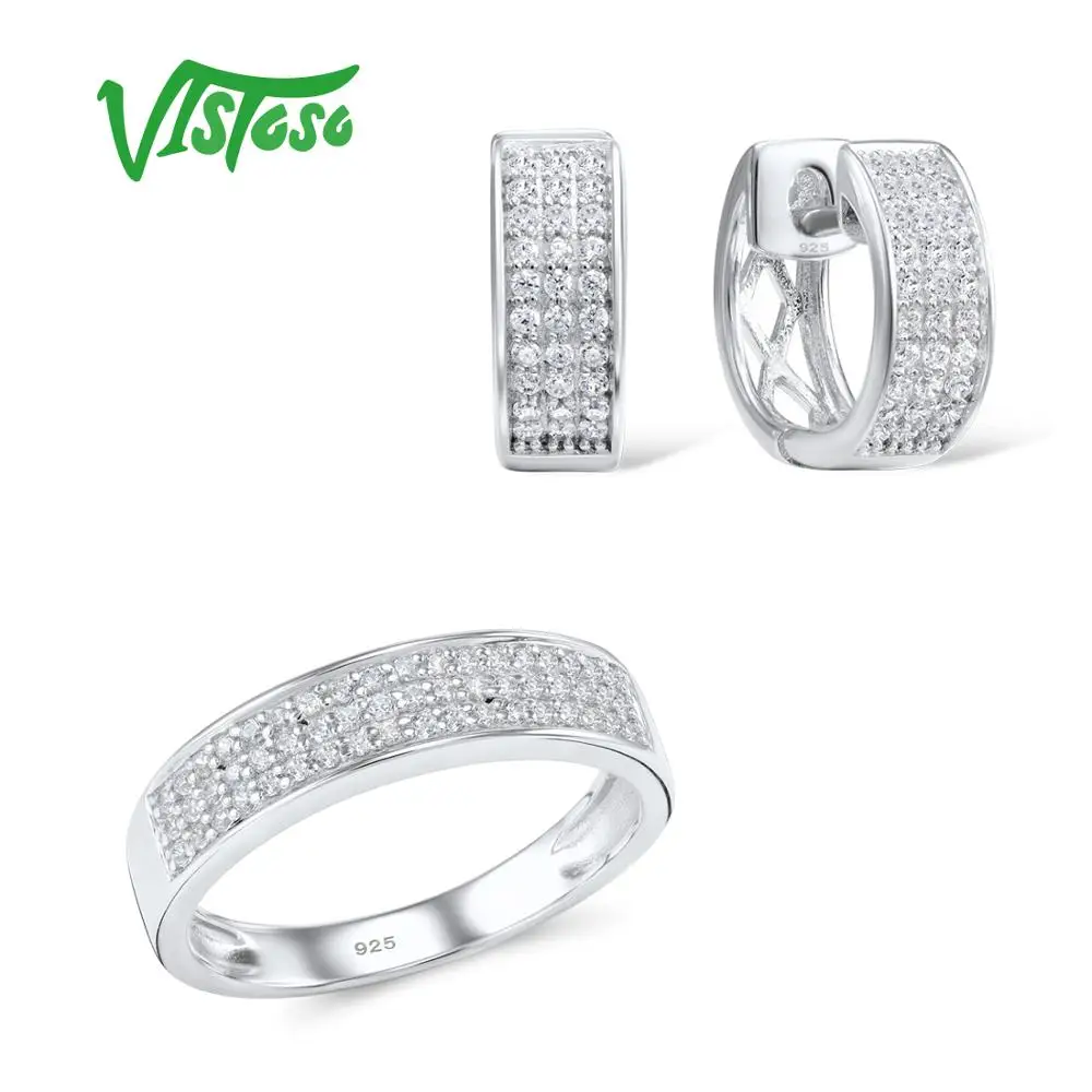 

VISTOSO Jewelry Sets For Woman White Cubic Zirconia Stones Jewelry Set Earrings Ring 925 Sterling Silver Fashion Fine Jewelry