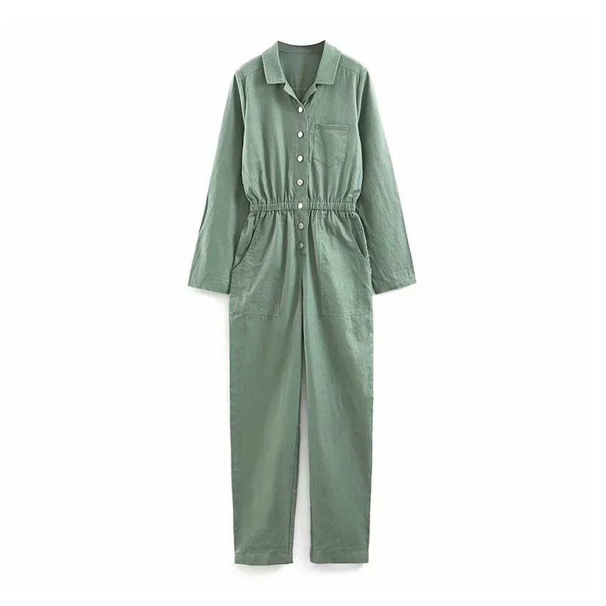 

Women vintage army green jumpsuits pockets Button design rompers female casual chic playsuits