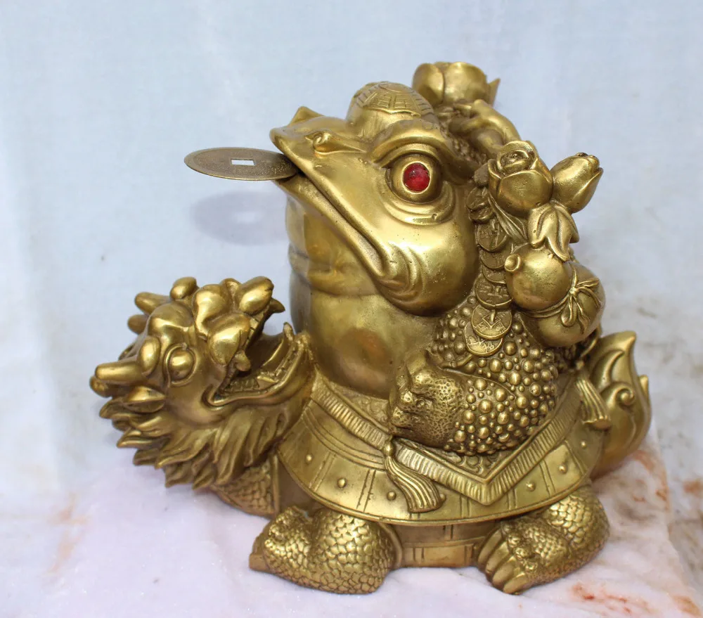 

free 9"Chinese Feng shui Brass Wealth Dragon tortoise Turtle Spittor Toad Statue fast