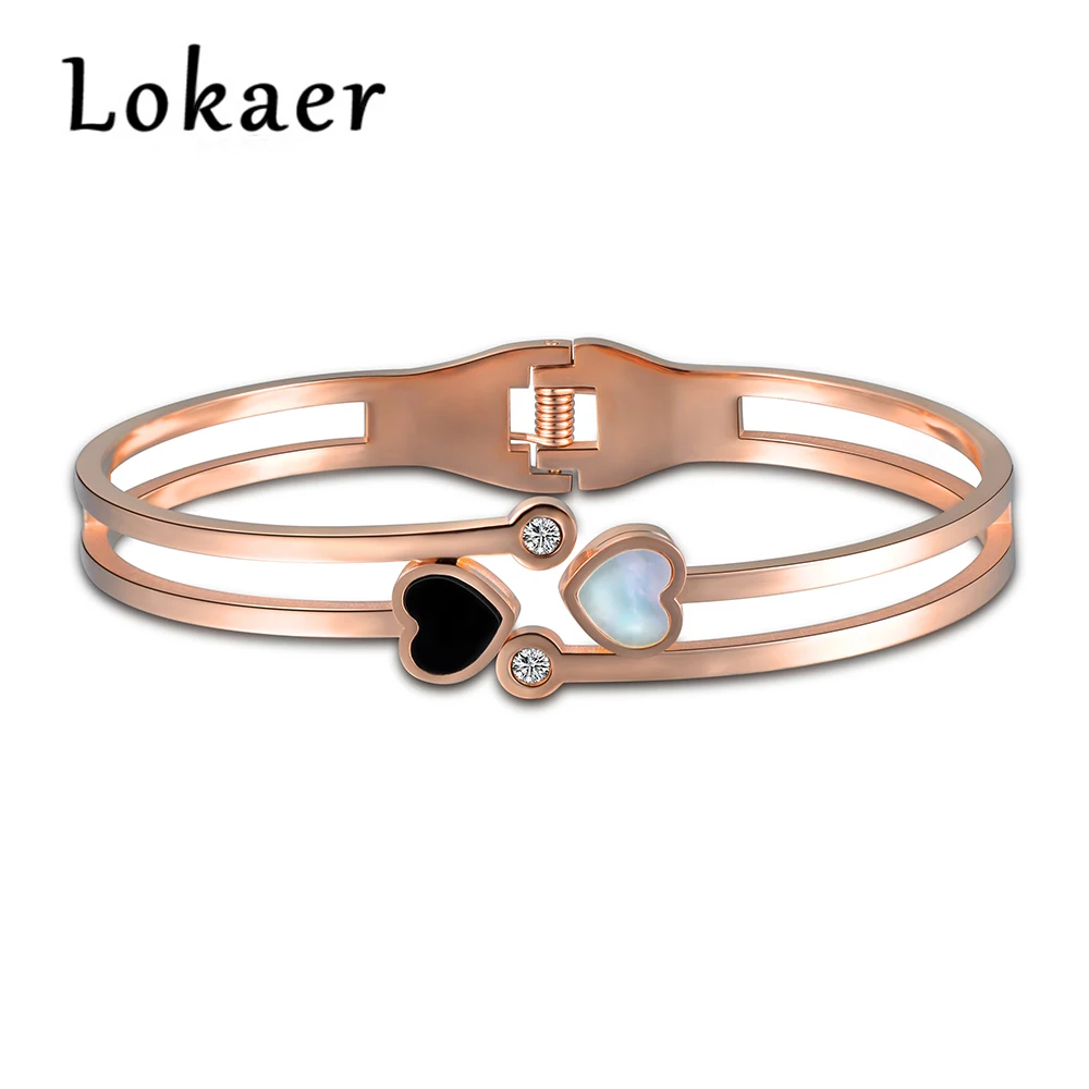 

Lokaer Classic Luxury Titanium steel Rose Gold Bracelet & Bangle Fine Jewelry Double Shell Heart Lovey Bangle Lover Jewelry
