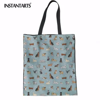 

INSTANTARTS Puppy Doodles Print Linen Shopping Bag Women Large Capacity Tote Single Shoulder Bag Canvas Cotton Handbag Beach Bag