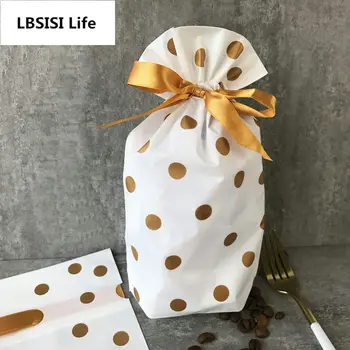 

LBSISI Life 50pcs/lot Gold Polka Dot Drawstring Bags Cookie Plastic Bags-Snacks,Party, Favor,Gift, Wedding,Plastic Package Bag