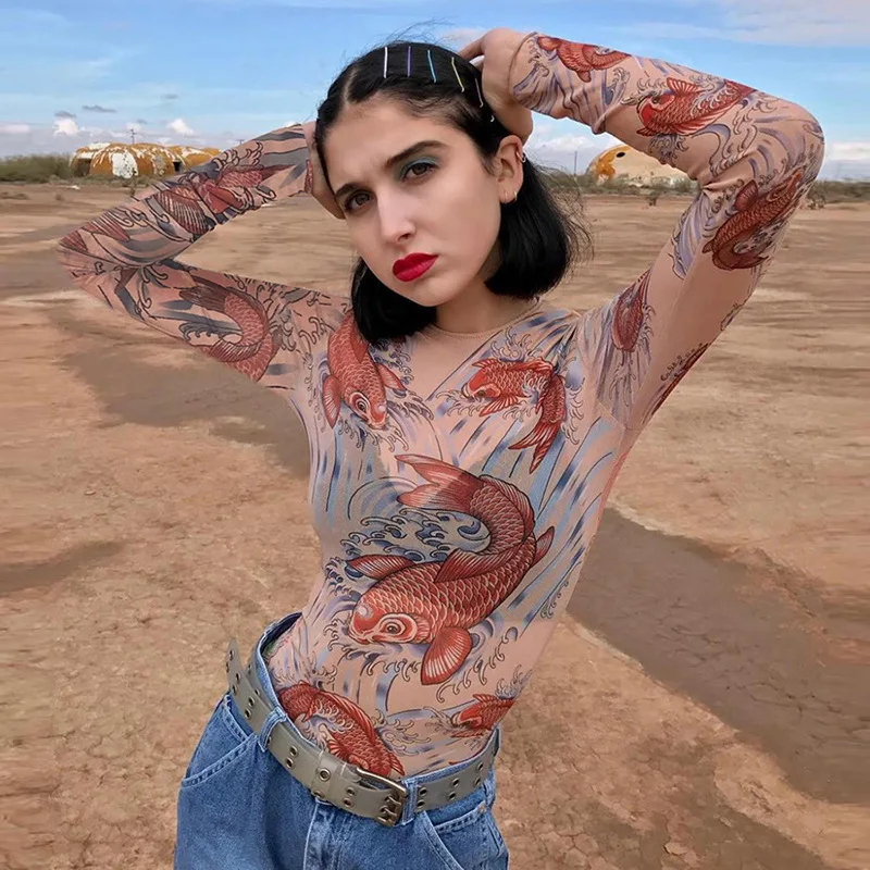 

Fake Tattoo Transparent Mesh Bodysuit Bodycon Sexy Jumpsuits Slim Long Sleeve Women Tops Carp Print Fashion Body Clothes Summer