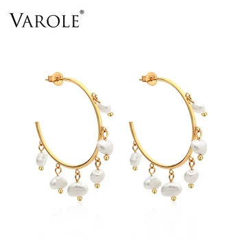 

Varole Natural Freshwater Pearl Hopp Earrings for Women Gold Color Stainless Steel Earring Luxury Wedding Jewelry wholesale