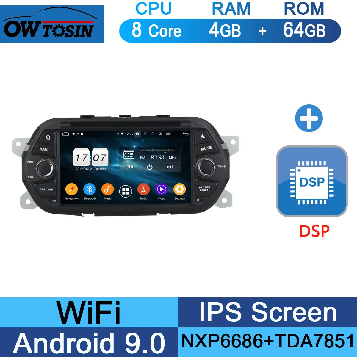 " ips 1024*600 8 ядерный 4 Гб ram+ 64 Гб rom Android 9,0 автомобильный dvd-плеер для FIAT EGEA CarPlay Parrot BT Радио AdasDVR - Цвет: 64G DSP