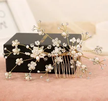 Chapado En oro Accesorios Pelo de la novia hecho a mano del pelo de la Boda joyería Del Partido cristalino Nupcial Estrellada Rhinestone Tiara Peine Del Pelo de la perla