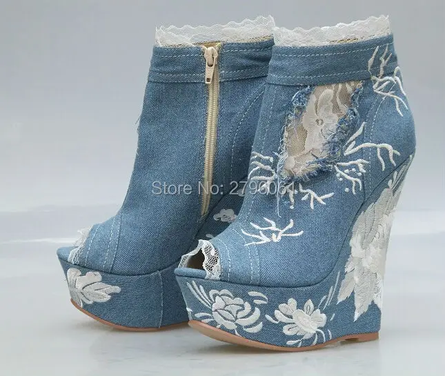

Top Quality Blue Jeans Peep Toe Lace Woman Ankle Booties High Platform Wedge Sandal Boots Height Increasing Denim Woman Shoes
