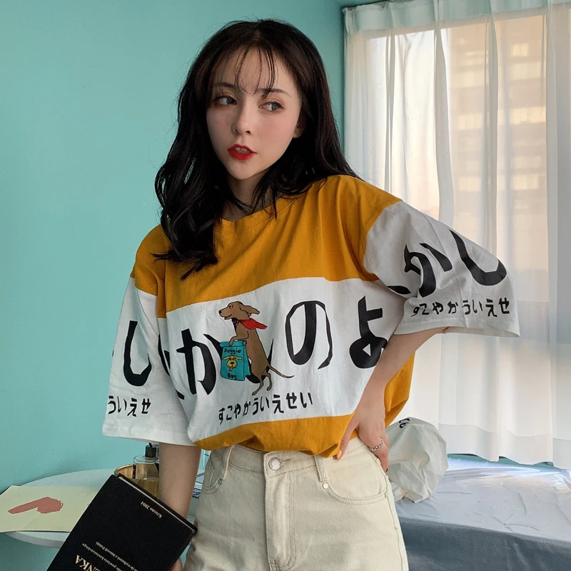 Ulzzang, летние милые японские топы с рисунками из мультфильмов, новинка, Harajuku, женская, три четверти, Корея, большой размер, свободная, повседневная, забавная, хлопковая футболка