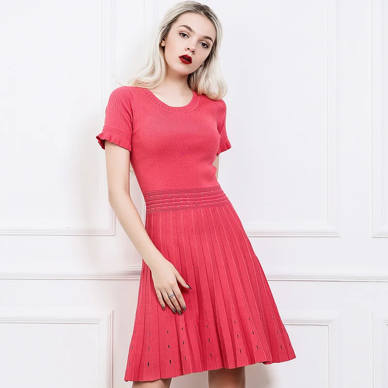 Elegant Knitted Dress Summer 2018 Round neck Women Casual Short Sleeve