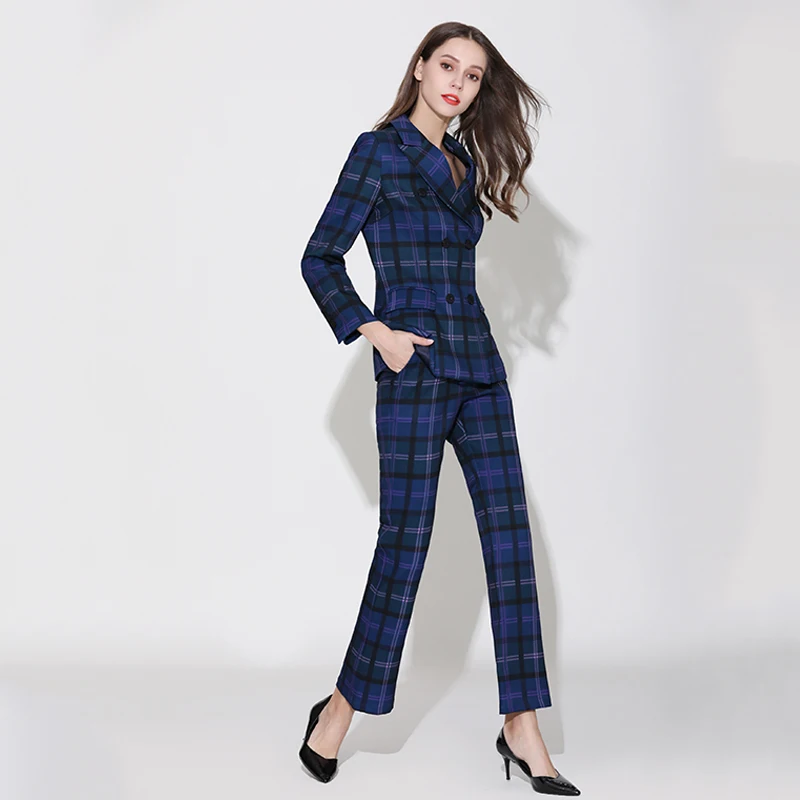 

Flare Pants European Fashion Two-piece Sets Quality Twins Sets Celebrity Women Runway Stylish Designing Plaid Blazer Suits