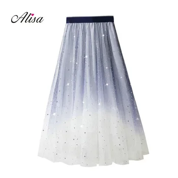

Womens Fashion Star Flash Sequins Gradual Change A-Line Skirts Females Pendulum Beach Gauze Half-length Skirt 2019 Gothic Lolita