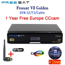 2 UNIDS Genuino Freesat V8 de Oro DVB-S2 DVB-T2 DVB-C Receptor de Satélite con 4 Clinales Cline Para 1 Años con USB WIFI Cccam top caja