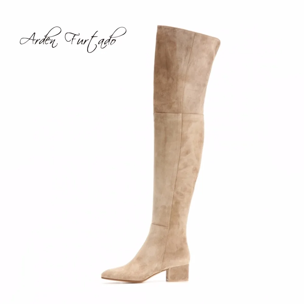 

Arden Furtado 2018 new spring autumn fashion shoes women boots over the knee thigh high boots med heels slip on grey green boots