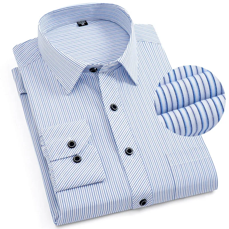 Формальные мужские рубашки в полоску с длинным рукавом, повседневные рубашки с отложным воротником и карманом для деловых мужчин