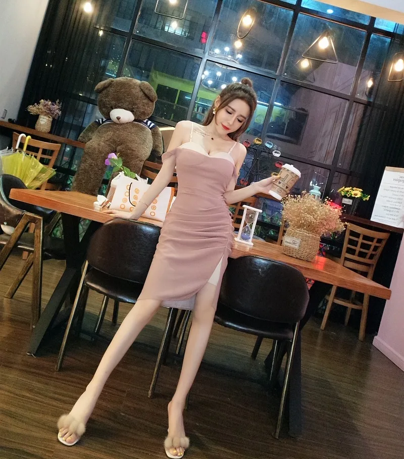 2018 New Arrivals Summer Women sexy Brassiere  strapless  A word collar  fold  Forking Paty  Dress Free Shipping