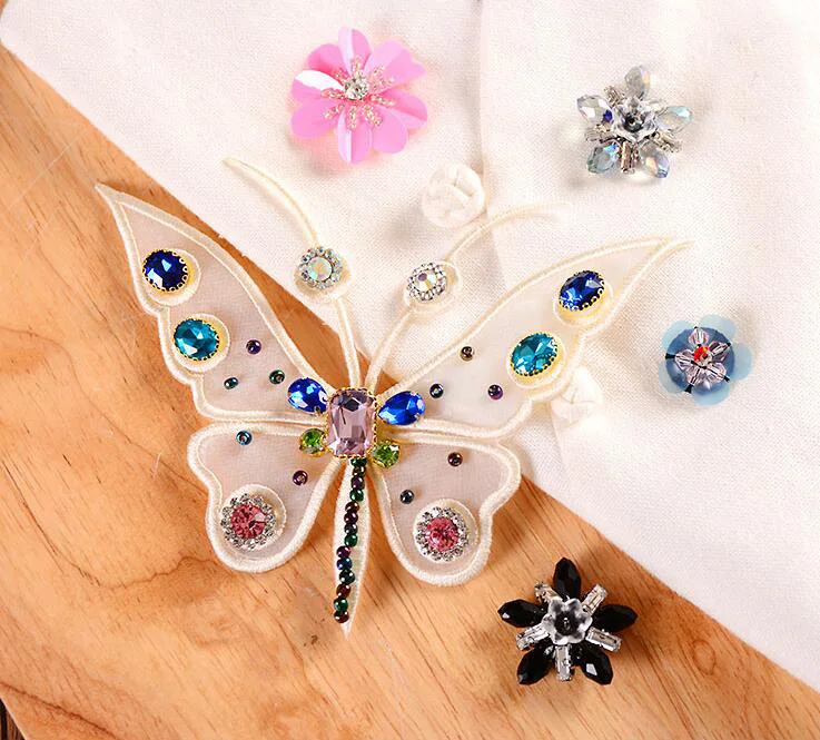

3pcs/lot 10x13cm width ivory butterfly mesh embroidered Rhinestones sequins beads bag shoes appliques patch brooch B51K59T0307B