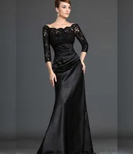 Black Lace Satin Evening Dress Three Quarter Sleeves Back Zipper Long Bag Hips Mother of the brides Formal Evening Gowns Yao1