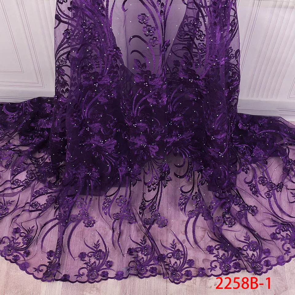 

African Nigerian Lace Fabric 2019 High Quality Embroidered Tulle Lace Fabric With Beads Stones Guipure Lace Trim Dress QF2258B-1
