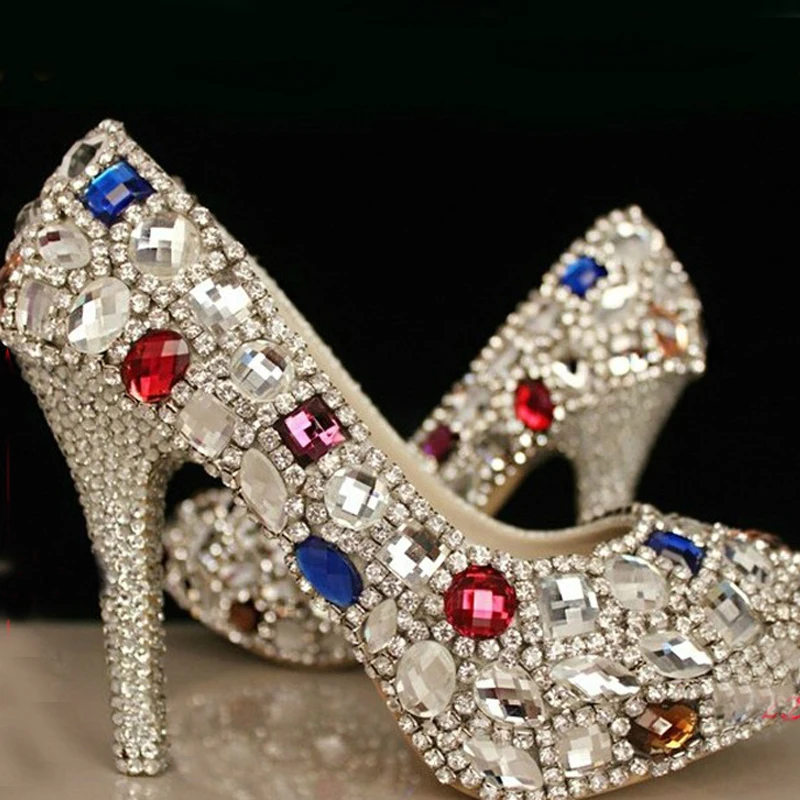 

Handmade marriage high heels rhinestone wedding shoes genuine leather platform high-heeled Bridesmaid Shoe Party Prom Pumps