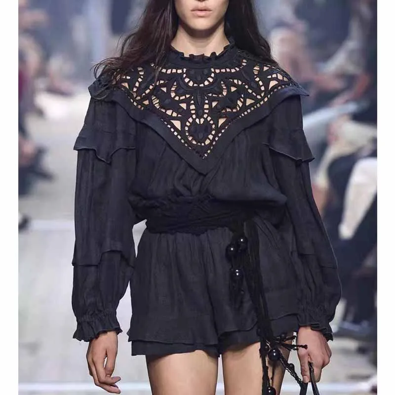 

Cosmichic Women Runway Mini Dress Long Sleeve Pure White Embroidery Hollow Out Casual Linen Designer Dress High Quality 2019SS