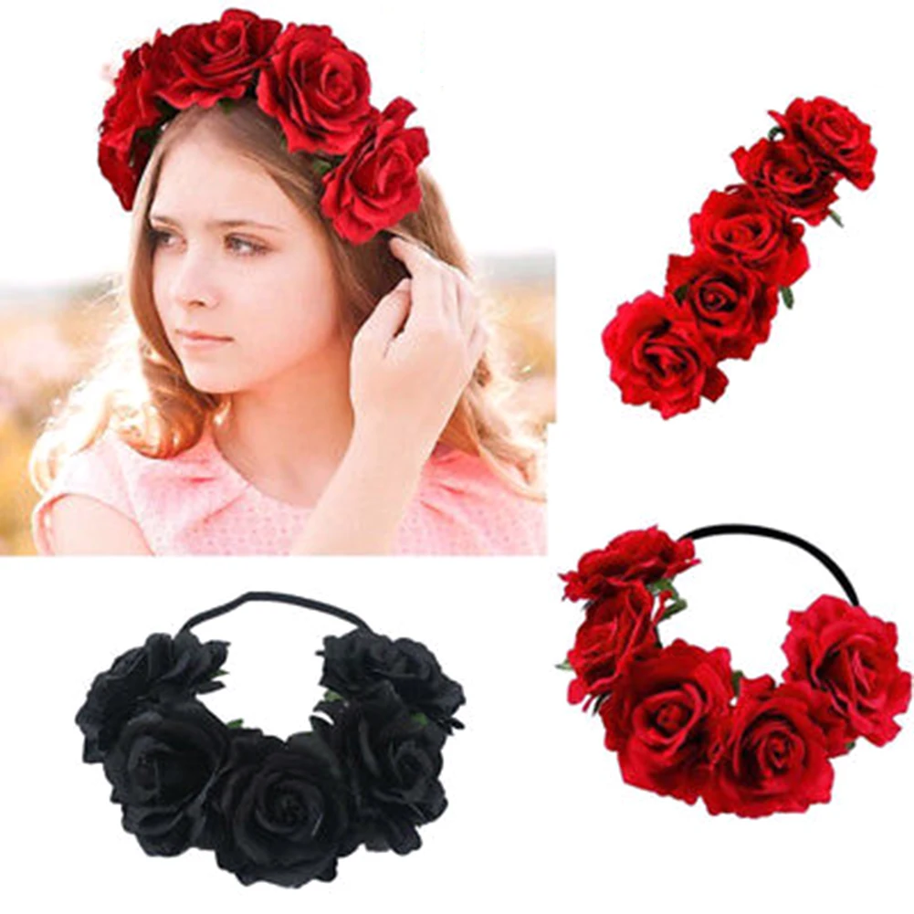 Детская роза цветок гирлянда с короной головная повязка головной убор свадебный ободок для волос черный красный классический цвет