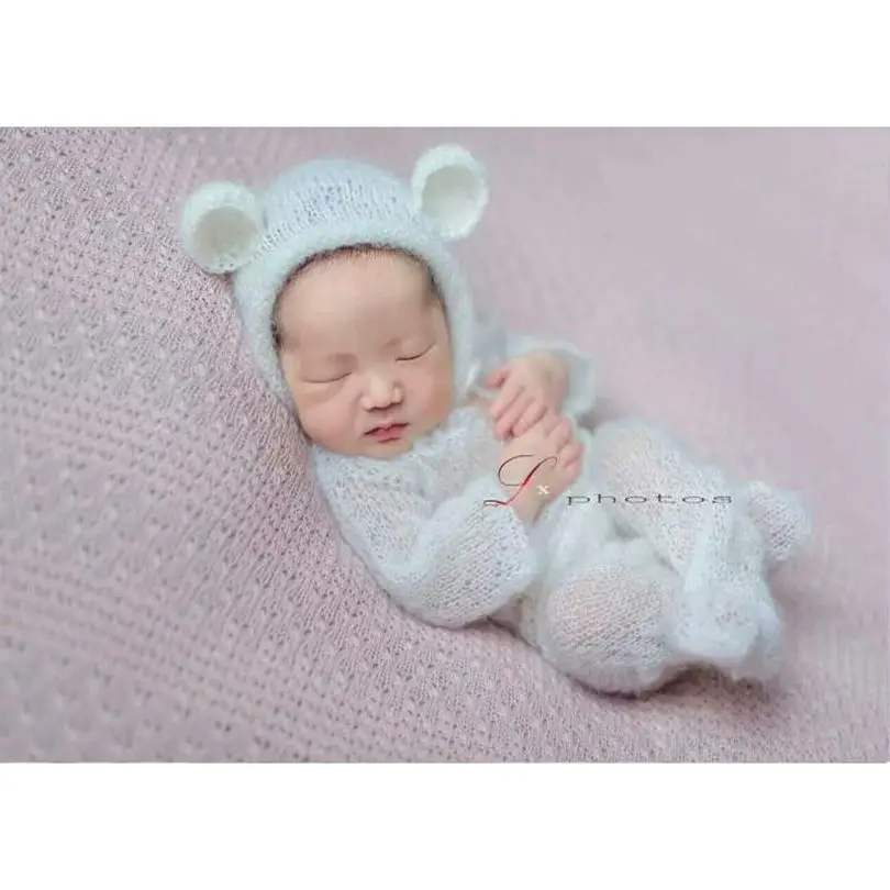 

Knit mohair bonnet and romper full sets Newborn crochet footed romper New arrival overall onesie Newborn photography props