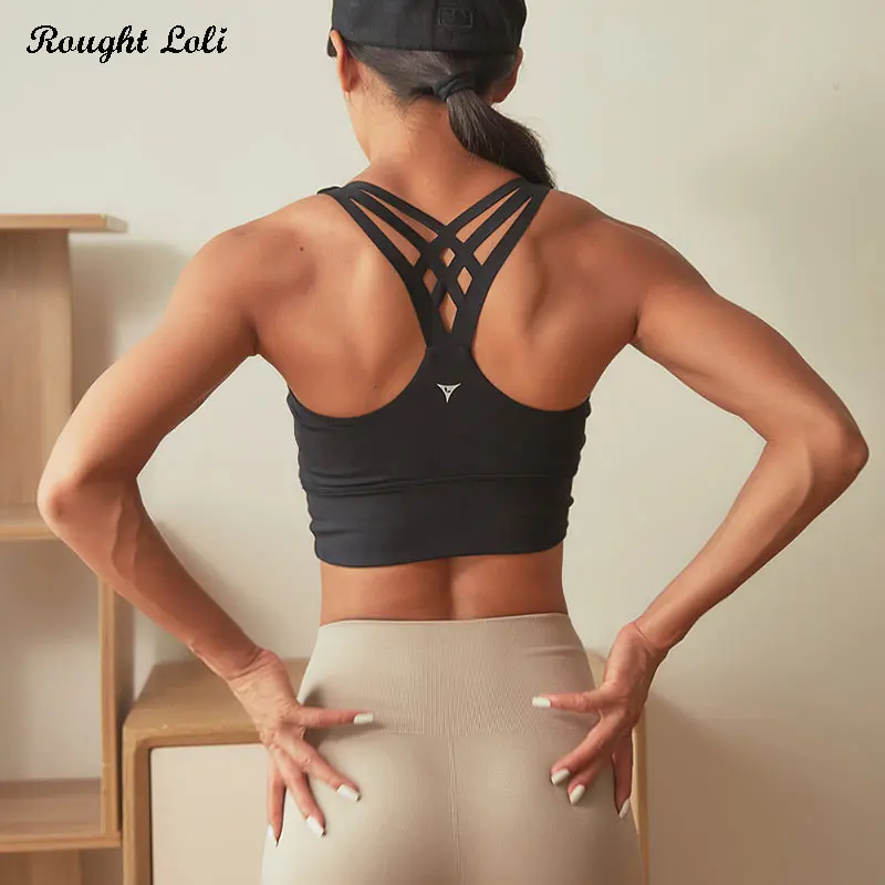 

Rough Loli Strappy Back Sports Bra for Women Push Up Yoga Crop Top Sexy Workout Gym Fitness Padded Top Activewear Running Bra
