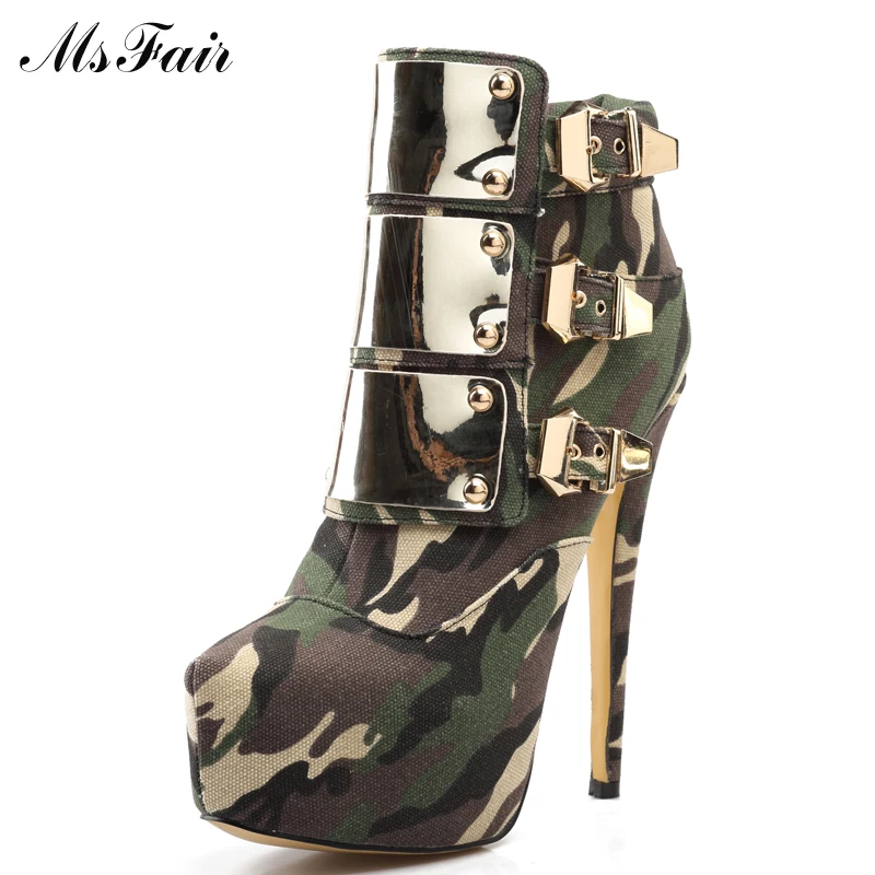

MSFAIR Camouflage Women Ankle Boot Pointed Toe Thin Heels High Heels Zipper Buckle Ladies Girl Ankle Boot Winter Women Boots