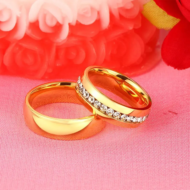 Modyle 2019 New Fashion Gold color Stainless Steel Wedding Bands Shiny Crystal Ring for Female Male Jewelry 6mm Engagement Ring