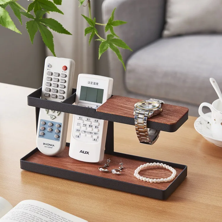 Japanese Remote Control Holder Stand Wooden Iron Glasses Watch Storage Box Office Desktop Organizer Jewelry Storage Rack Shelf