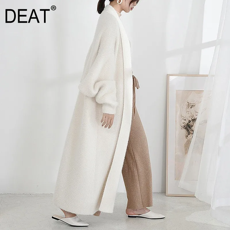

[DEAT] 2019 New Spring Winter Full Batwing Sleeve Loose Open Stitch V-Collar Women Fashion Tide Large Size Warm Long Coat OA81