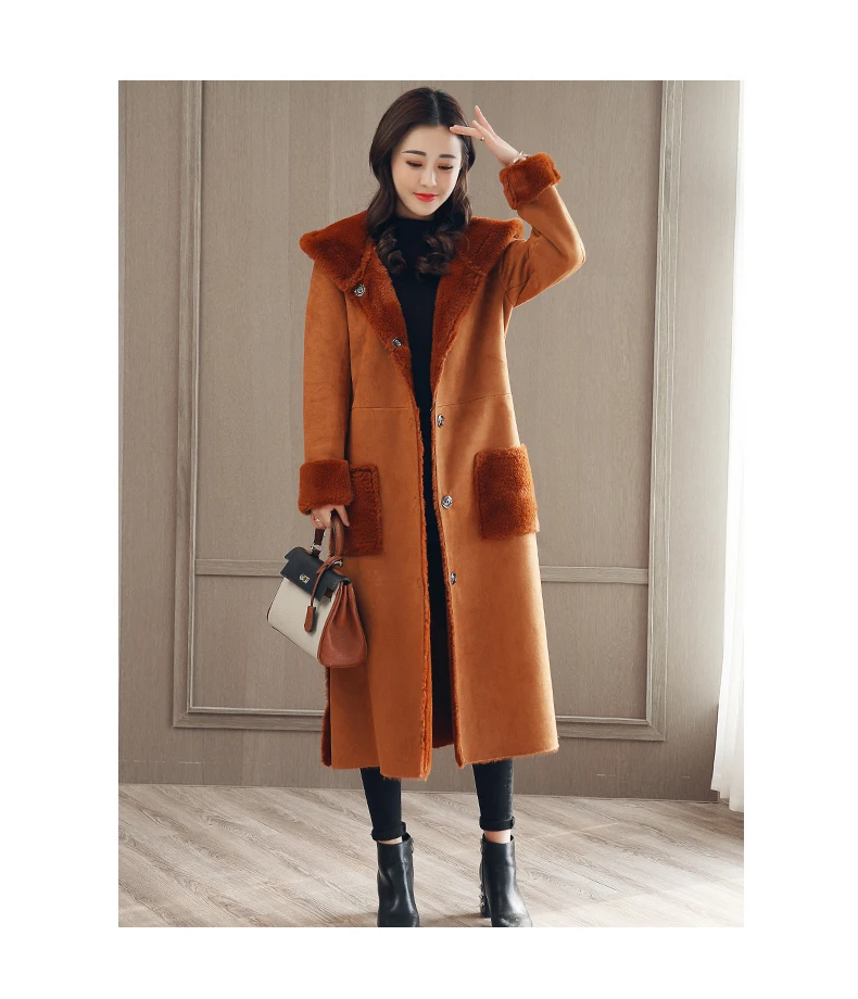 Длинные замшевые кожаные куртки с капюшоном, свободное Женское зимнее пальто, толстое теплое пальто из овечьей шерсти, большие размеры, женская верхняя одежда, пальто G442