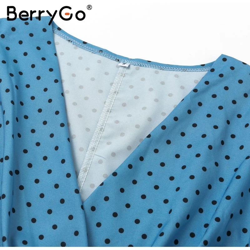 BerryGo элегантное сексуальное платье с v-образным вырезом в горошек голубое женское Винтажное с рукавами-фонариками женское вечернее платье Высокая талия Дамы миди платье