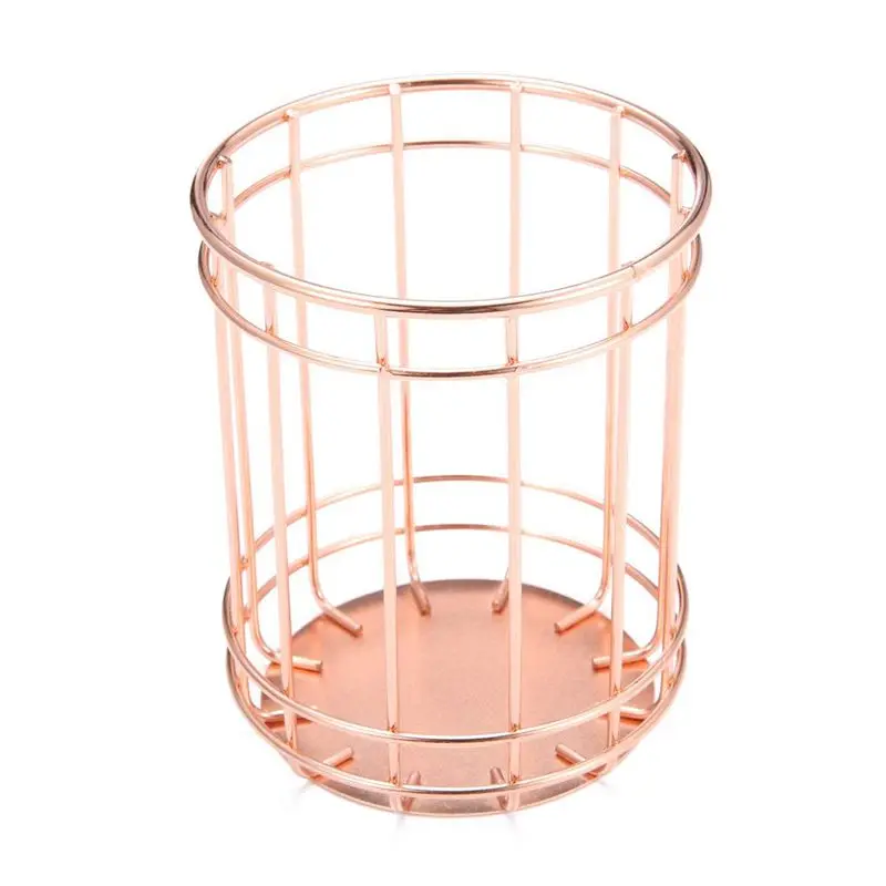 

Rose Gold Wire Stripes Pencil Holder Round Iron Mesh Pen / Pencil Cup Stationery Organizer Desk Sorter For Office Home School