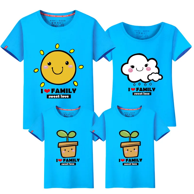 Family Matching Outfit Summer Short Sleeve T Shirt Top Clothes Cotton Mother Father Son daughter Dress Cartoon Sun Rain LD10385