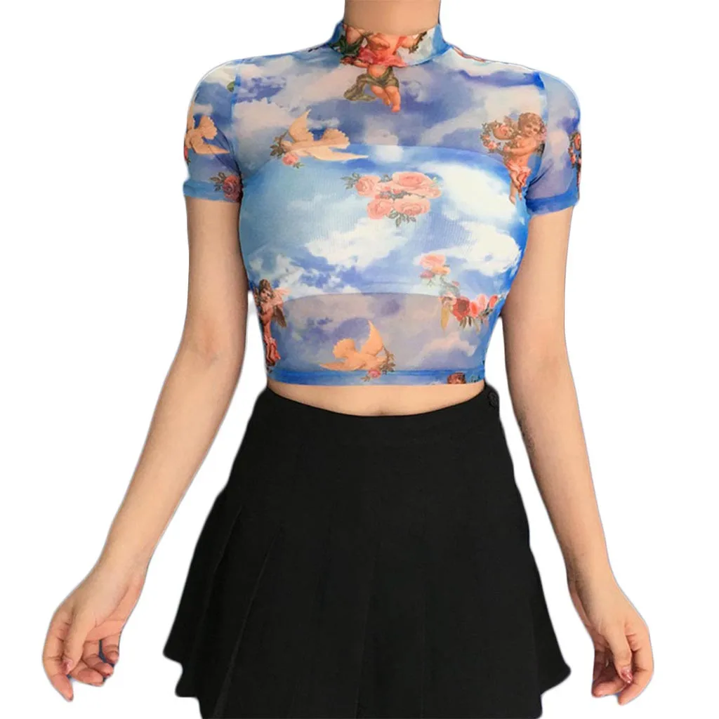 

Women Sexy Turtleneck Long Sleeve Starry Angle Print Mesh Perspective Short O-Neck T-shirt Lady Summer Beach Party T-shirt z0430