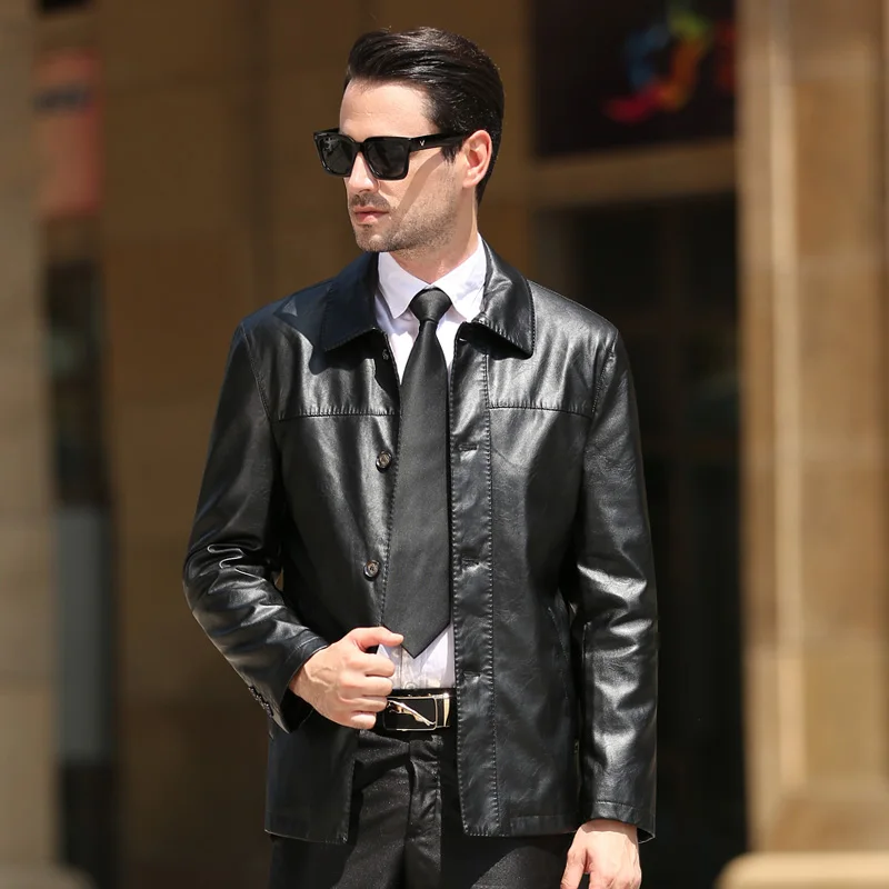 

men's jacket PU Leather jacket sheep skin smooth soft with sleeve button thin light high quality 1518