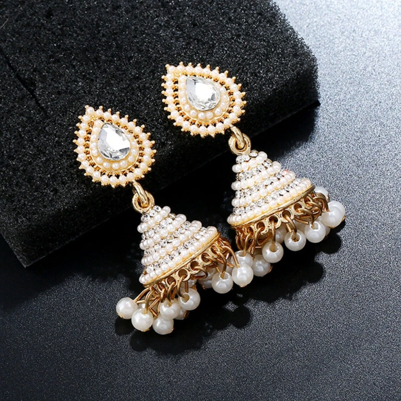 Модные индийские серьги-подвески Jhumka Jhumki с искусственным жемчугом, женские длинные золотые свадебные вечерние ювелирные изделия, подарки