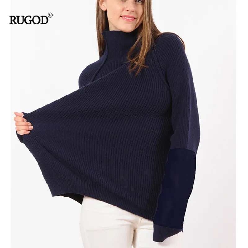 RUGOD, винтажный вязаный свитер с высоким воротом, Женский винтажный лоскутный свитер на осень и зиму, теплый пуловер, свитер, женское базовое пальто