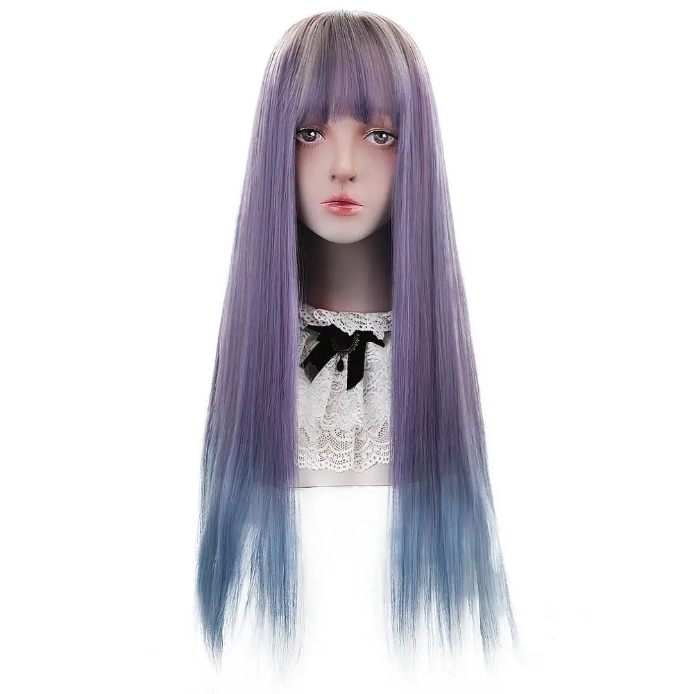 

28"Synthetic Lolita Wigs With Bangs Violet Blue Ombre Long Straight Lolita Wigs Halloween Costumes Party Cosplay Wigs For Women